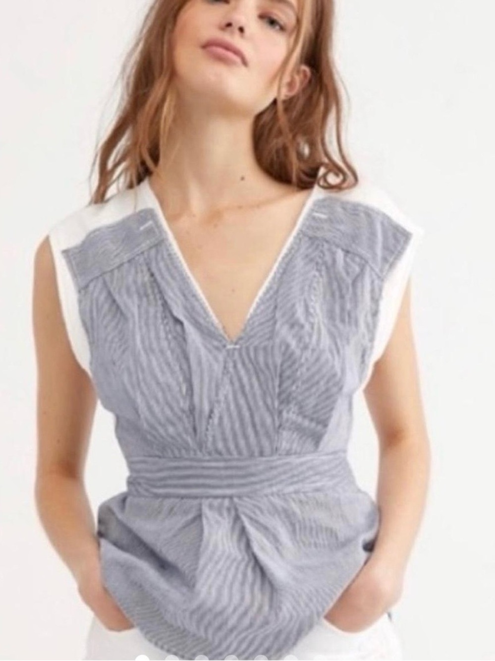 Free People We The Free Striped White/Blue Sleeveless V-Neck Top Vest Size S